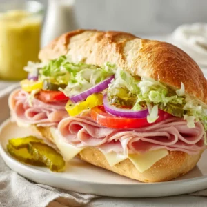 Subway Sandwich with deli meat cheese lettuce tomato pickles and sauce
