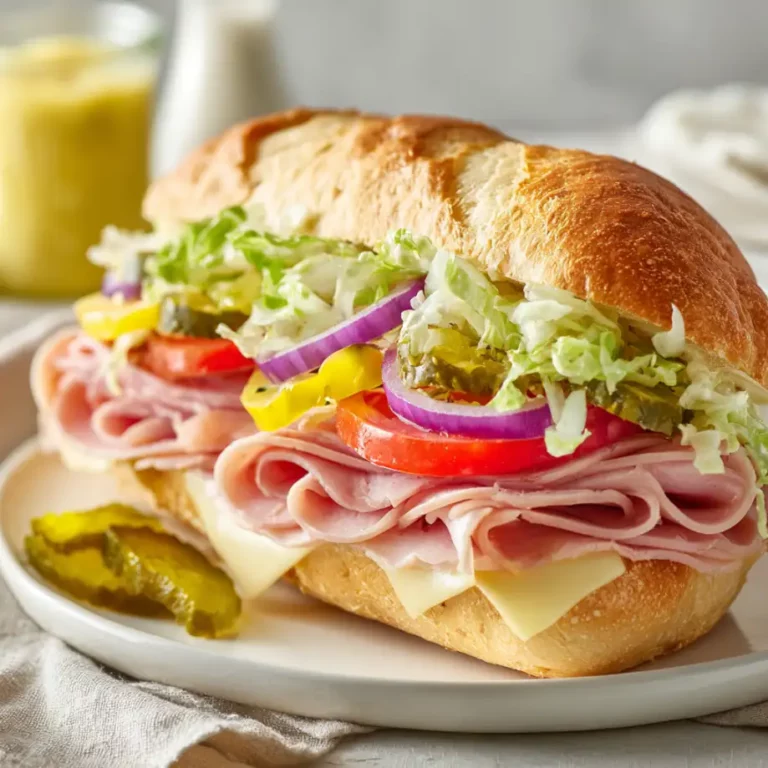 Subway Sandwich with deli meat cheese lettuce tomato pickles and sauce