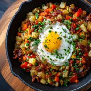 Loaded Breakfast Hash with crispy potatoes eggs bacon peppers onions and cheese