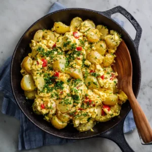 Potato Egg Scramble with crispy potatoes fluffy eggs and green onions