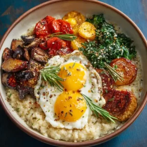 Savory Breakfast Bowl with crispy potatoes eggs sausage cheese avocado and salsa