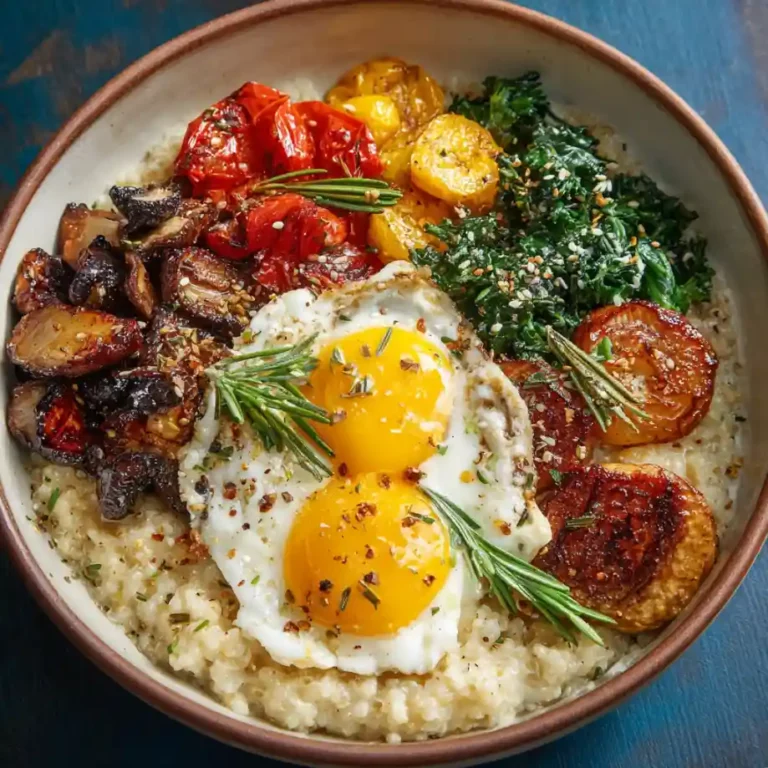 Savory Breakfast Bowl with crispy potatoes eggs sausage cheese avocado and salsa
