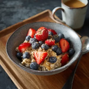 Scrambled Oats with banana berries Greek yogurt and peanut butter