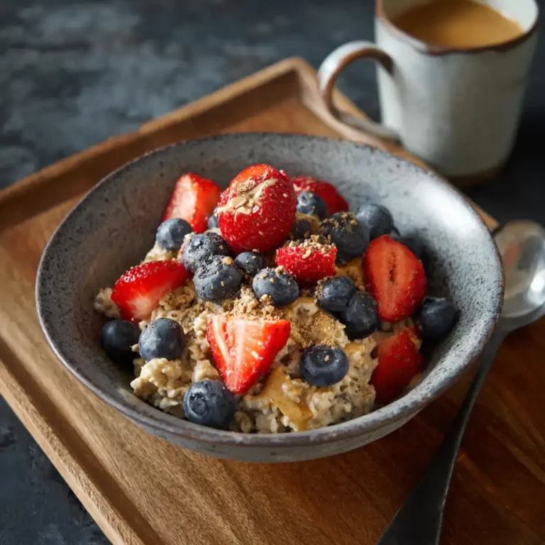 Scrambled Oats with banana berries Greek yogurt and peanut butter