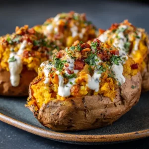 Stuffed Sweet Potatoes with black beans cheese avocado salsa and sour cream