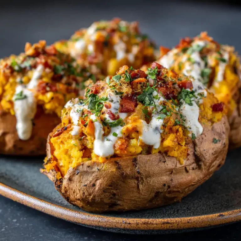 Stuffed Sweet Potatoes with black beans cheese avocado salsa and sour cream