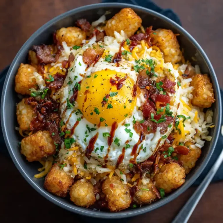 Tater Tot Breakfast Bowl with eggs cheese bacon and green onions