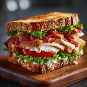 Turkey BLT Sandwich with sliced turkey crispy bacon lettuce tomato and toasted bread