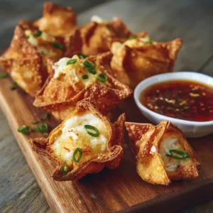 Crab Rangoon Bombs with creamy crab filling and sweet chili sauce