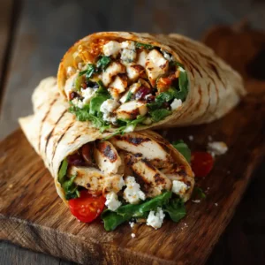 Mediterranean Chicken Wrap with chicken cucumber tomato feta lettuce and tzatziki