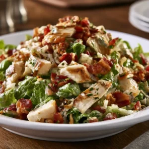 Chopped Chicken Bacon Ranch Salad in a large bowl with chicken, bacon, cheddar, lettuce, and tomatoes