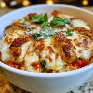 Cottage Cheese Chicken Parmesan Bowl with sliced chicken, bubbly mozzarella, marinara sauce, and pasta in a white bowl