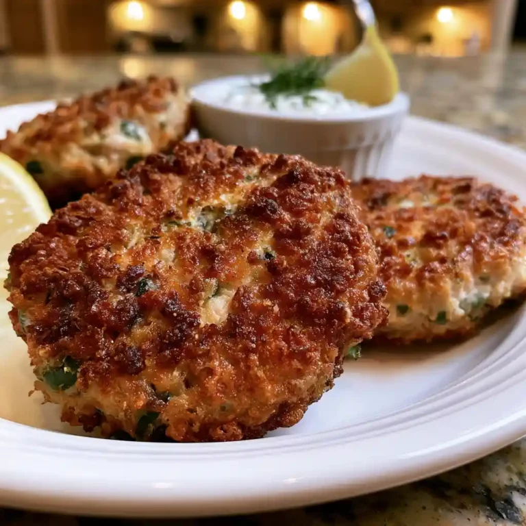 Cottage Cheese Tuna Cakes with a golden crispy crust on a white plate with lemon wedges and dipping sauce