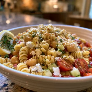High Protein Chickpea Pasta Salad in a large bowl with rotini, chickpeas, feta, cucumber, tomatoes, and lemon herb dressing