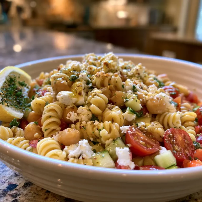 High Protein Chickpea Pasta Salad in a large bowl with rotini, chickpeas, feta, cucumber, tomatoes, and lemon herb dressing