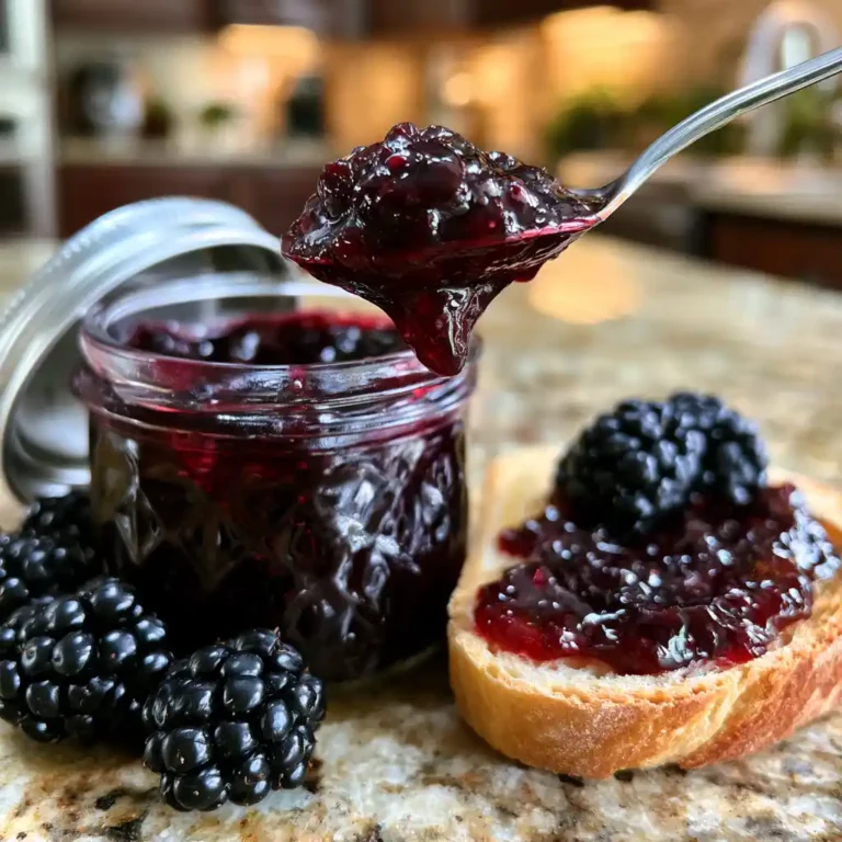 Homemade Blackberry Jam in glass jars with a deep purple color and fresh blackberries scattered around