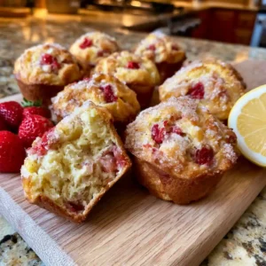 Strawberry Lemon Cottage Cheese Muffins with golden domed tops and visible strawberry pieces on a wire cooling rack