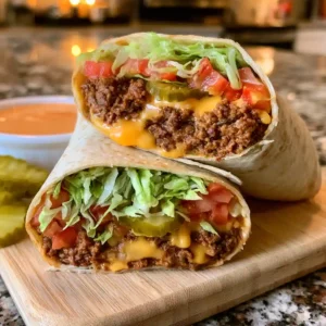 Vegan Cheeseburger Wraps sliced in half showing plant-based beef, melted vegan cheese, lettuce, and tomato inside a tortilla