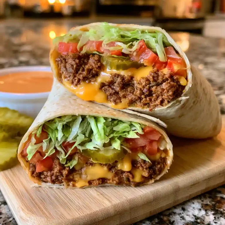 Vegan Cheeseburger Wraps sliced in half showing plant-based beef, melted vegan cheese, lettuce, and tomato inside a tortilla