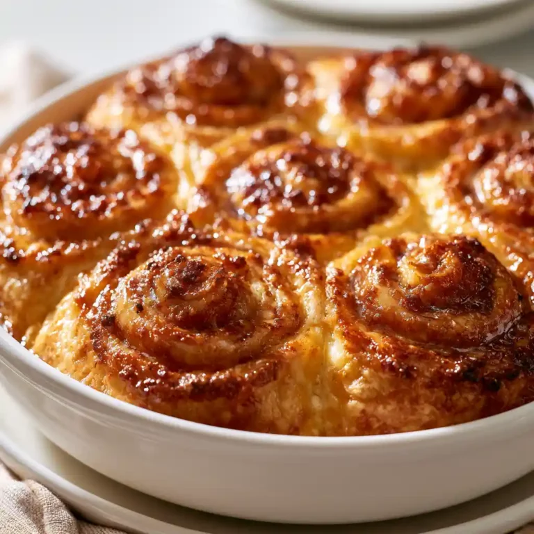 Cottage Cheese Cinnamon Roll Bake in a baking dish with golden cinnamon roll pieces and icing drizzled on top