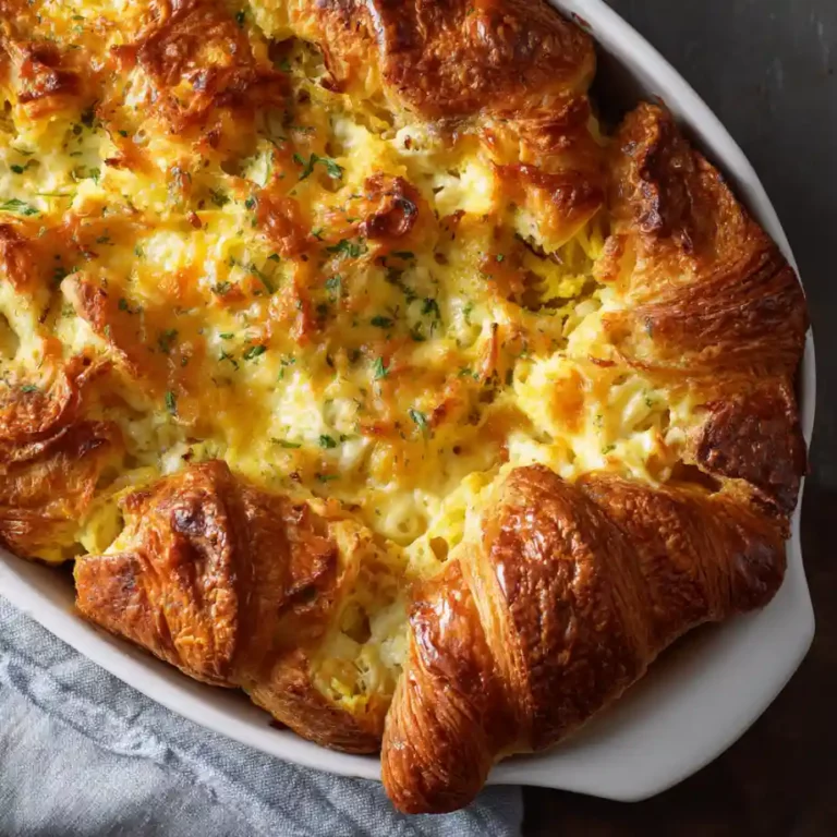 Croissant Breakfast Casserole with sausage eggs cheese and golden croissant pieces