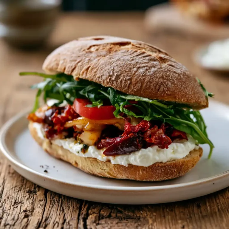 Veggie Burrata Sandwich sliced in half showing creamy burrata, roasted vegetables, and basil on toasted bread