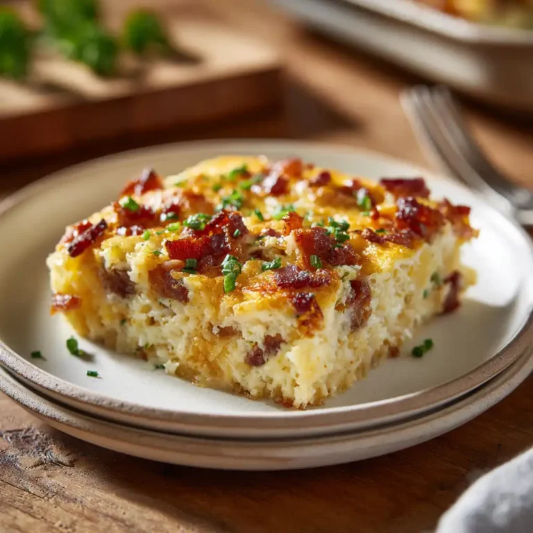 Crack Breakfast Casserole in a 9x13 baking dish with a golden cheesy top, sausage, bacon, and hash brown base