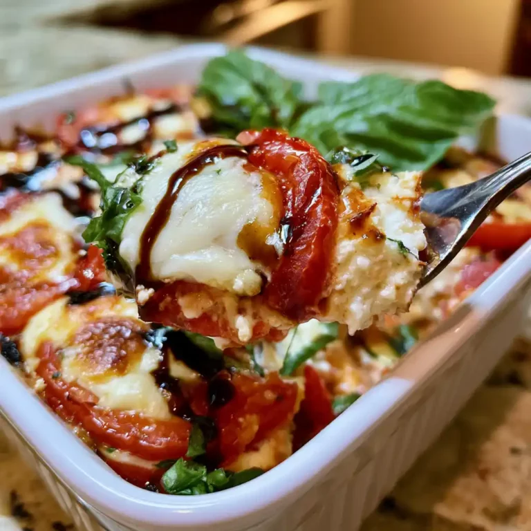 Baked Caprese Cottage Cheese Casserole in a white baking dish with melted mozzarella, fresh tomatoes, basil, and balsamic glaze