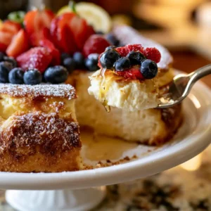 Baked Ricotta Cheesecake on a white cake stand dusted with powdered sugar and topped with fresh berries