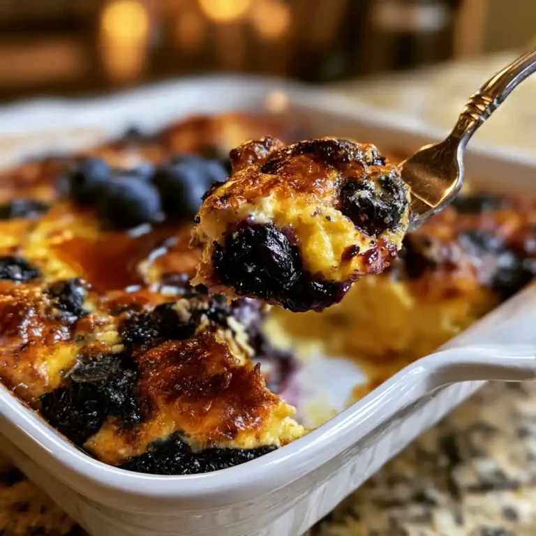 Blueberry Cottage Cheese Breakfast Bake in a white baking dish with juicy baked blueberries and a creamy golden custard