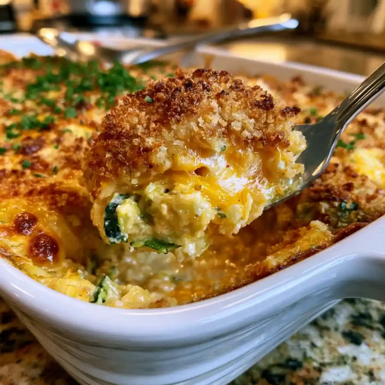 Cheesy Baked Zucchini Casserole in a white baking dish with a golden breadcrumb topping and bubbly cheddar cheese