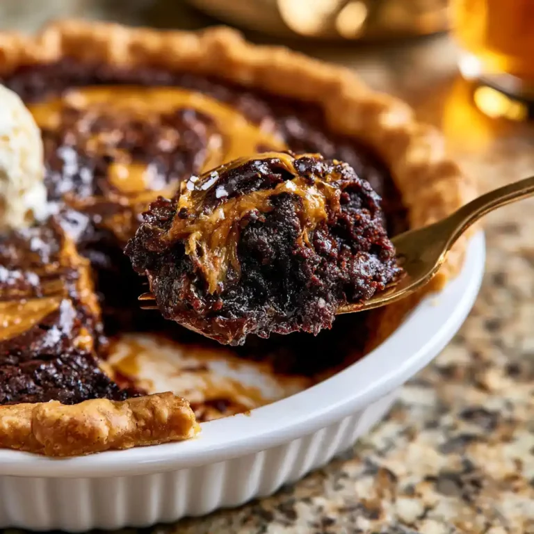 Chocolate Peanut Butter Brownie Pie in a pie dish with a peanut butter swirl on top and a slice cut showing the fudgy interior