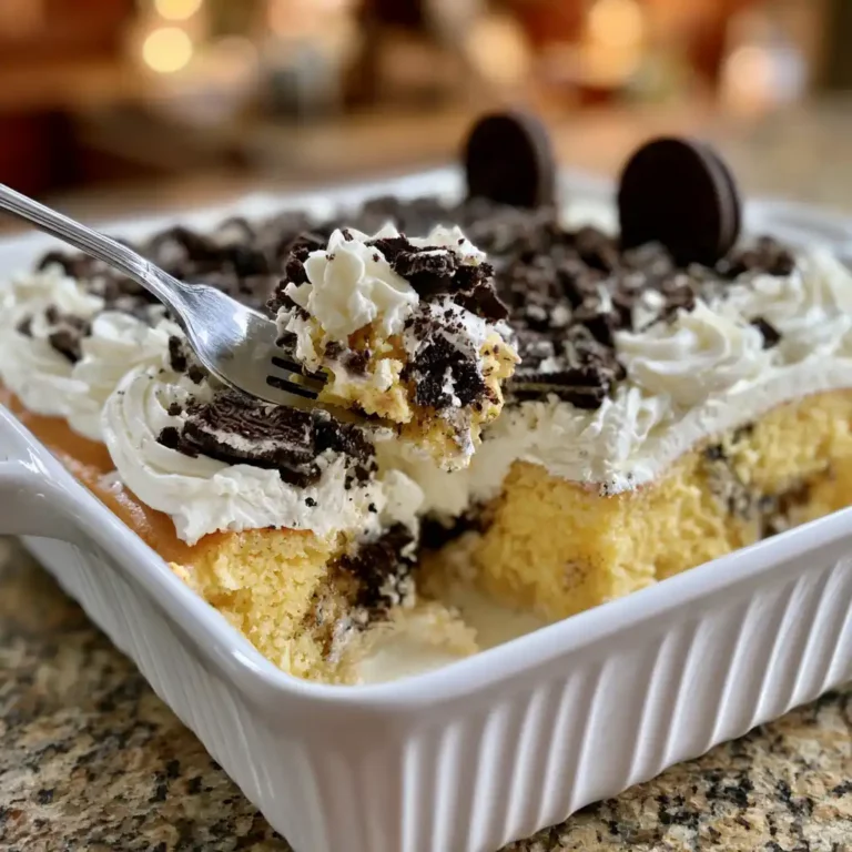 Cookies and Cream Tres Leches in a baking dish topped with whipped cream and crushed Oreos