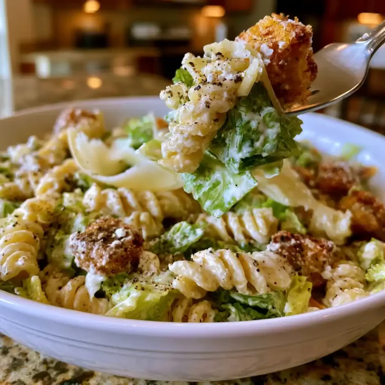Cottage Cheese Caesar Pasta Salad in a large bowl with rotini pasta, romaine, parmesan, and creamy dressing