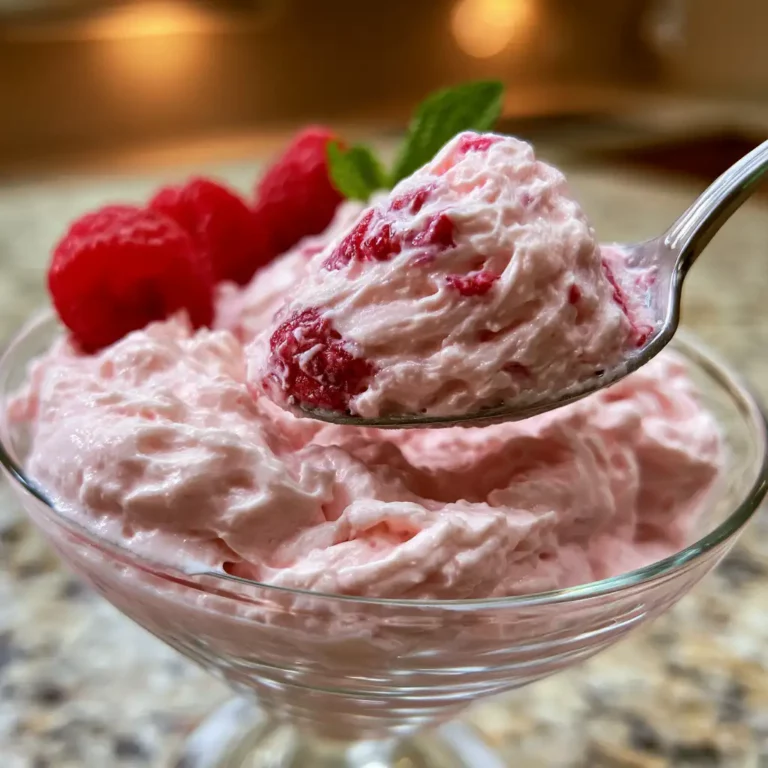 Cottage Cheese Whipped Raspberry Mousse in a glass topped with fresh raspberries and mint
