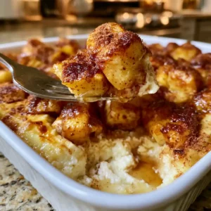 Creamy Apple Cottage Cheese Bake in a white baking dish with golden cinnamon apple topping and creamy base