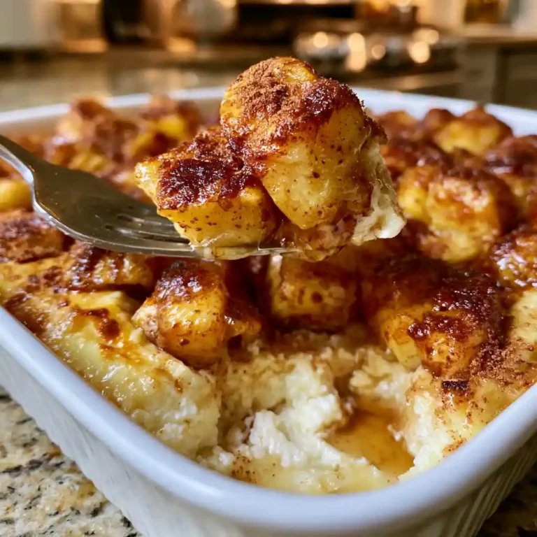 Creamy Apple Cottage Cheese Bake in a white baking dish with golden cinnamon apple topping and creamy base