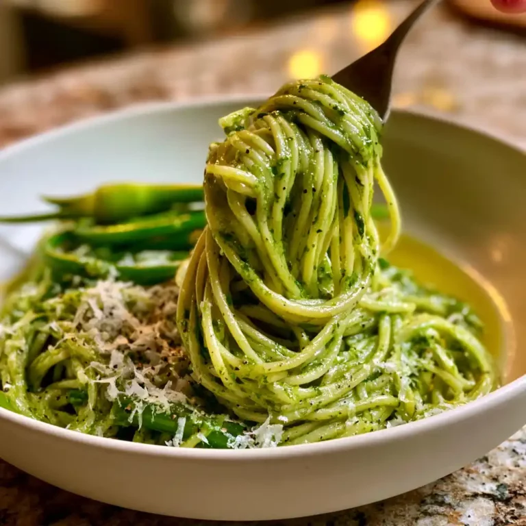 Garlic Scape Pasta with Parmesan Butter in a white bowl with silky green sauce, parmesan, and black pepper