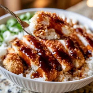 Japanese Katsu Bowl with crispy panko chicken sliced over steamed rice with tonkatsu sauce and shredded cabbage