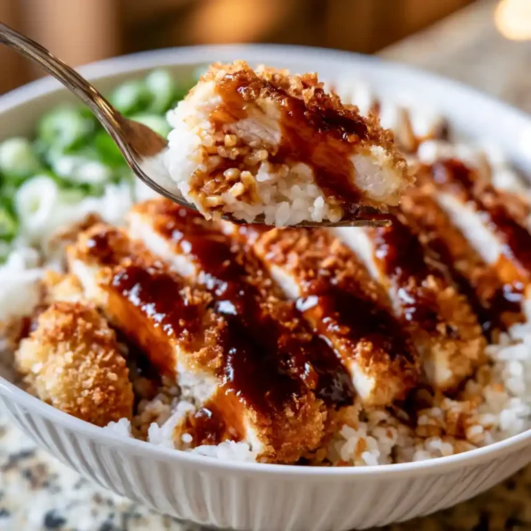 Japanese Katsu Bowl with crispy panko chicken sliced over steamed rice with tonkatsu sauce and shredded cabbage
