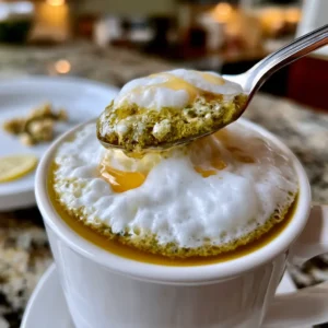 Jasmine Green Tea Latte in a white ceramic mug with a foam layer on top and a drizzle of honey