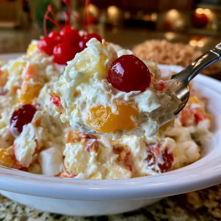 No-Bake Creamy Hawaiian Cheesecake Fruit Salad in a large bowl with pineapple, mandarin oranges, cherries, coconut, and marshmallows in a fluffy cream cheese dressing