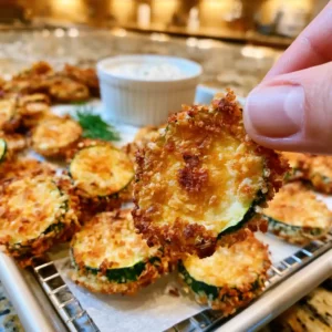 Ranch Zucchini Chips golden and crispy on a wire rack with a small bowl of ranch dipping sauce