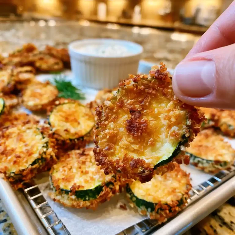 Ranch Zucchini Chips golden and crispy on a wire rack with a small bowl of ranch dipping sauce