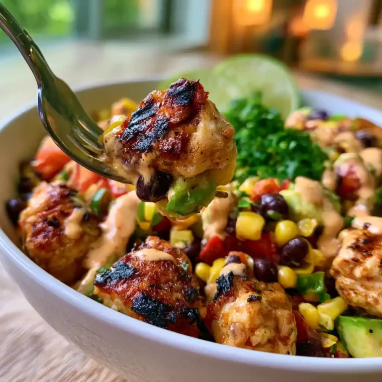 Southwest Chicken Salad in a large bowl with grilled chicken, black beans, corn, avocado, and chipotle-lime dressing
