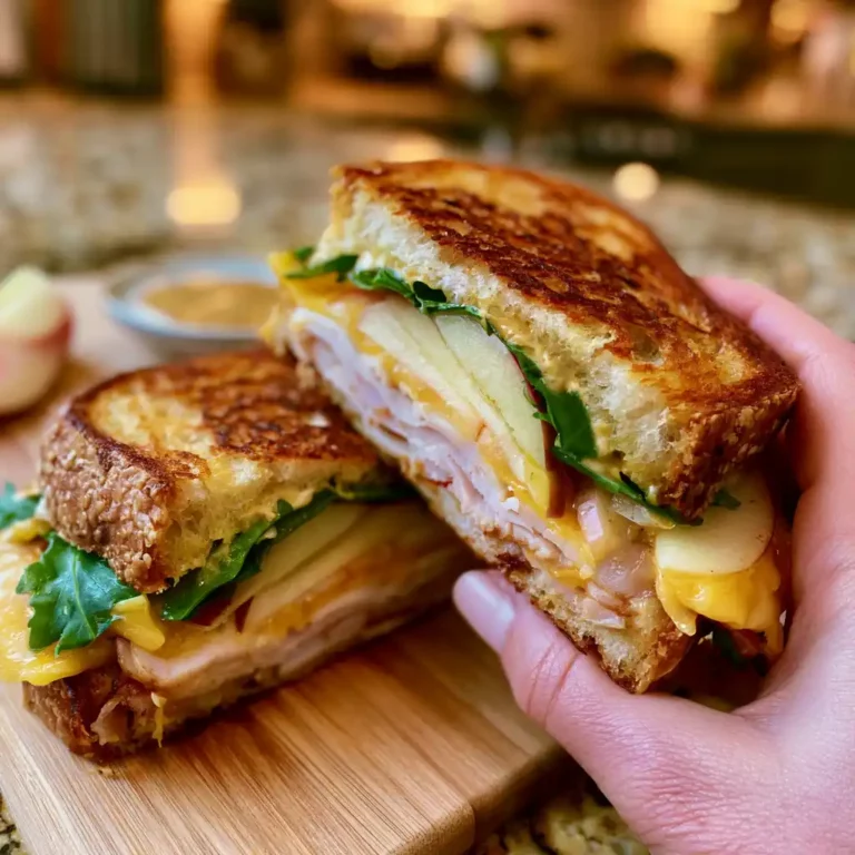 Turkey Apple Cheddar Sandwich sliced in half on a cutting board showing turkey, apple slices, and cheddar on toasted sourdough