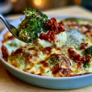 Tuscan Broccoli Cottage Cheese Bake in a baking dish with melted mozzarella, broccoli, and sun-dried tomatoes