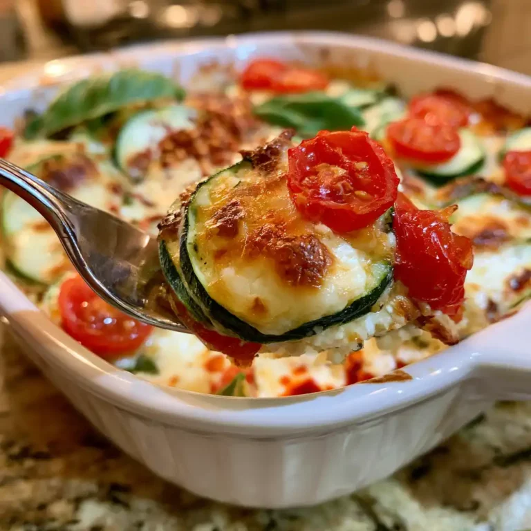 Zucchini Cottage Cheese Bake in a white baking dish with golden melted mozzarella, sliced zucchini, and cherry tomatoes