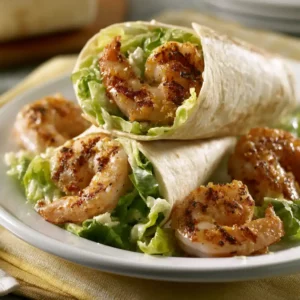 Zesty Grilled Shrimp Caesar Wraps sliced in half showing grilled shrimp, romaine, and caesar dressing inside a tortilla