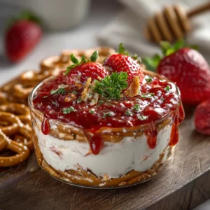 Strawberry pretzel salad dip in a wide dish with cream cheese layer, fresh strawberry Jello topping, and crushed pretzels on the side